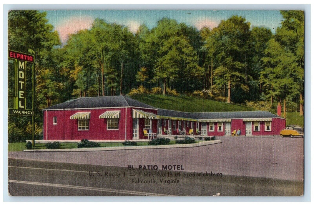 El Patio Motel Car Roadside Scene Falmouth Virginia VA Vintage Postcard