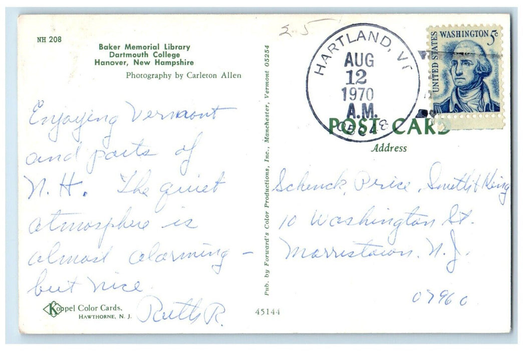 1970 Baker Memorial Library Dartmouth College Hanover New Hampshire NH Postcard