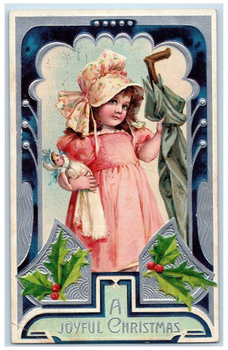 c1910's Christmas Cute Girl Doll Umbrella Holly Berries Embossed Postcard