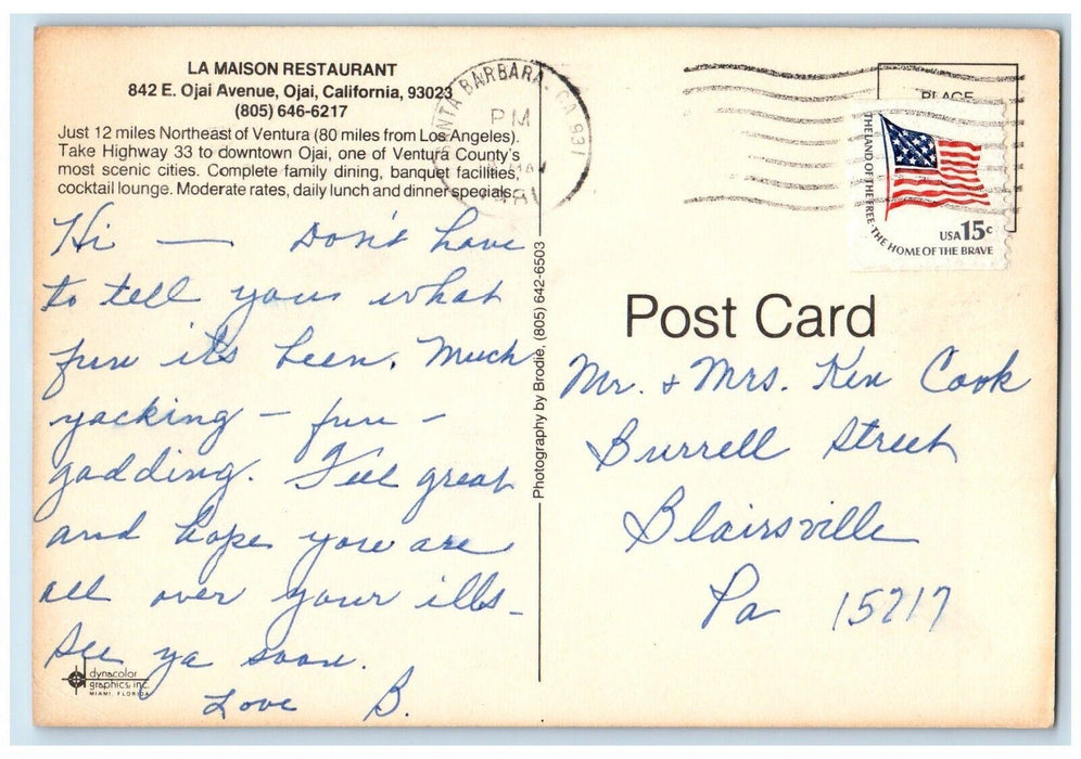 1981 La Maison Restaurant Ojai Santa Barbara California CA Multiview Postcard