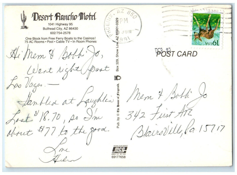 1991 Desert Racho Motel Cars Street View Bullhead City, Phoenix AZ Postcard