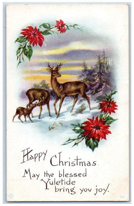 c1910's Christmas Deer Pointessia Flowers Winter Mt. Williams VA Posted Postcard