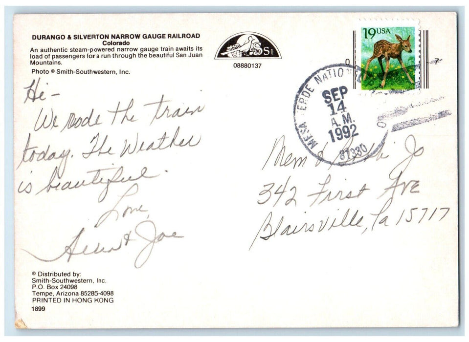 1992 View Of Durango & Silverton Narrow Gauge Railroad Colorado CO Postcard