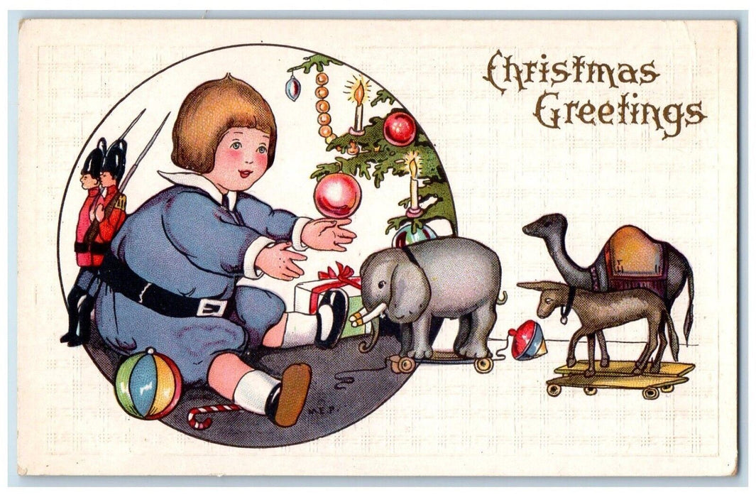 c1910's Christmas Greetings Little Girl Playing Toys Embossed Antique Postcard