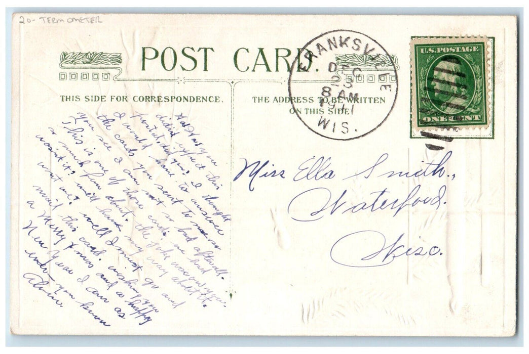 1911 Christmas Thermometer Cresent Mailbox Winsch Back Franksville WI Postcard