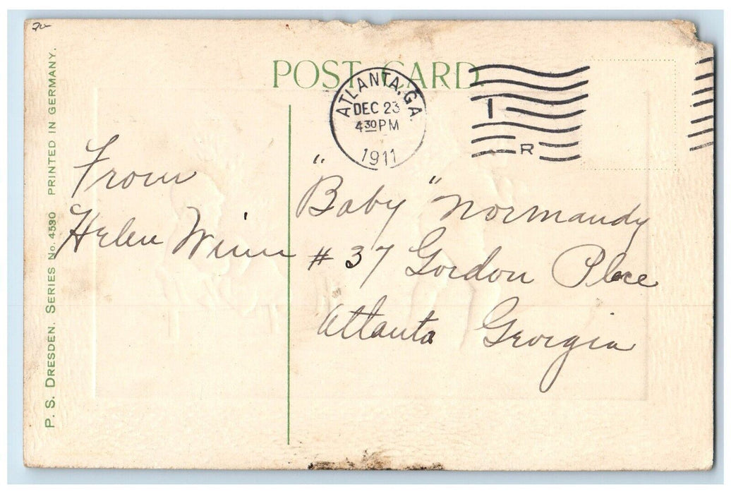 1911 Christmas Greetings Boy Pulling Cart Girl Warmer Embossed Antique Postcard