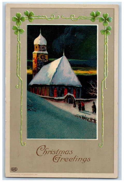 c1910's Christmas Greetings House Church Winter Snow Shamrock Gel Postcard