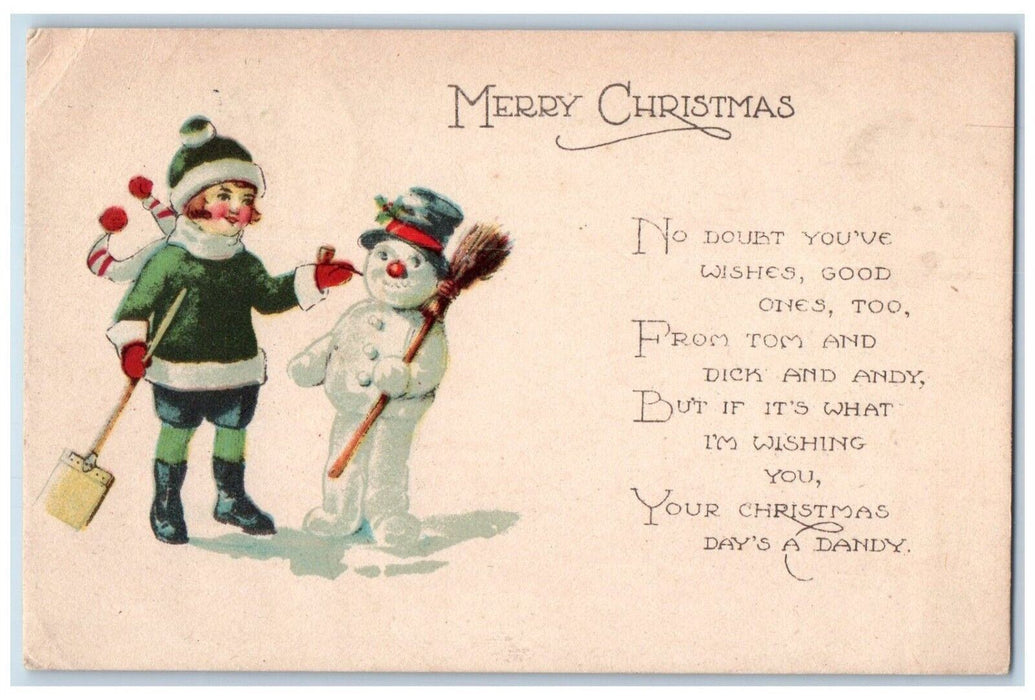 c1910's Merry Christmas Boy And Snowman Pipe Broom Posted Antique Postcard