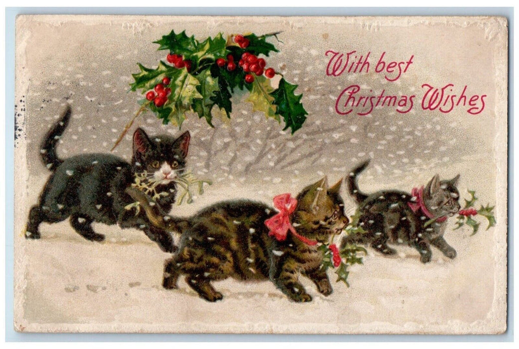 1909 Christmas Three Cats Kittens Holly Berries Winsch Back Embossed Postcard