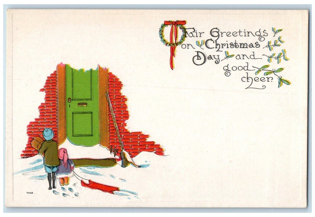 c1910's Christmas Greetings Mother And Daughter House Door Embossed Postcard