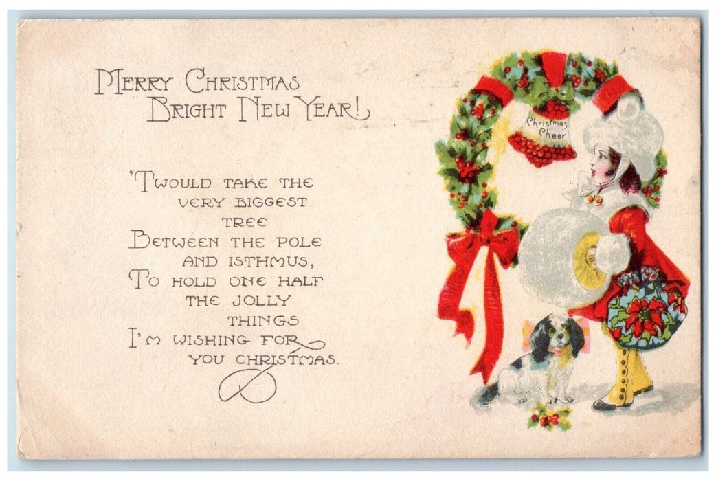 1922 Christmas Cheer Holly Whreat Bell Girl Pouch Warmer Dog Vintage Postcard
