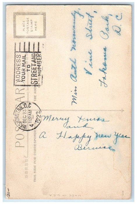 1922 Christmas Cheer Holly Whreat Bell Girl Pouch Warmer Dog Vintage Postcard