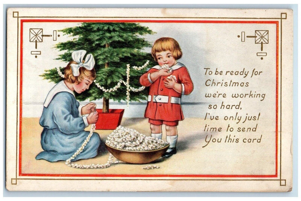 1915 Christmas Girls Making Garland For Christmas Tree Embossed Antique Postcard