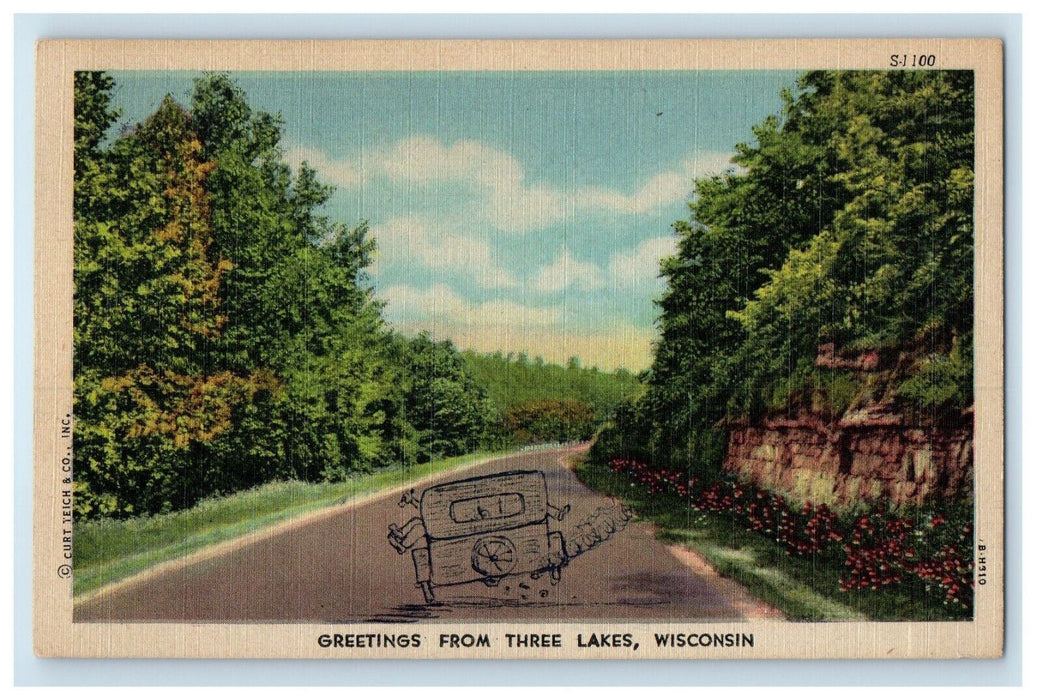 1950 Hand Drawn Car Humor Greetings From Three Lakes Wisconsin WI Postcard