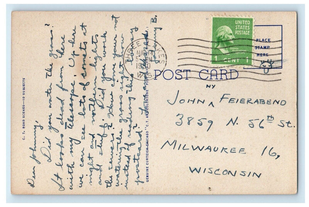 1950 Hand Drawn Car Humor Greetings From Three Lakes Wisconsin WI Postcard
