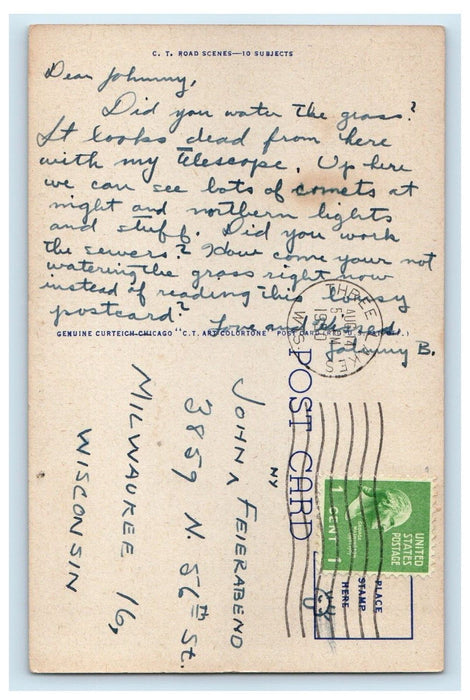 1950 Hand Drawn Car Humor Greetings From Three Lakes Wisconsin WI Postcard
