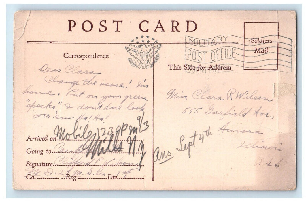 c1915 Soldier Mail Camp Mills Army Dog German Helmet Knights Columbus Postcard