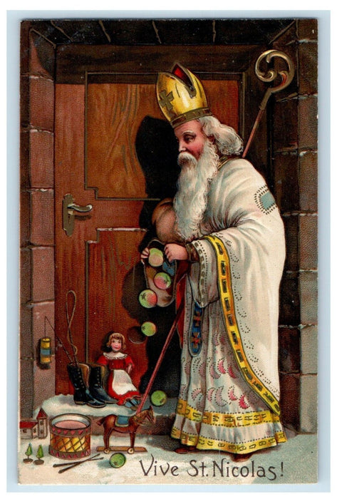 c1910 Christmas White Robe Saint Santa Old World Fruit Moon Doll Horse Postcard