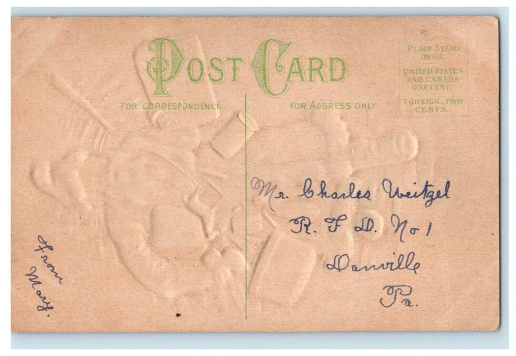 c1910 Christmas Santa Carrying Tree Drum Packages Embossed Danville PA Postcard