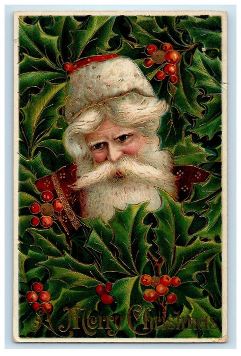 c1910 Christmas Santa Gel Gold Gilt Merry Holly Embossed Germany Postcard