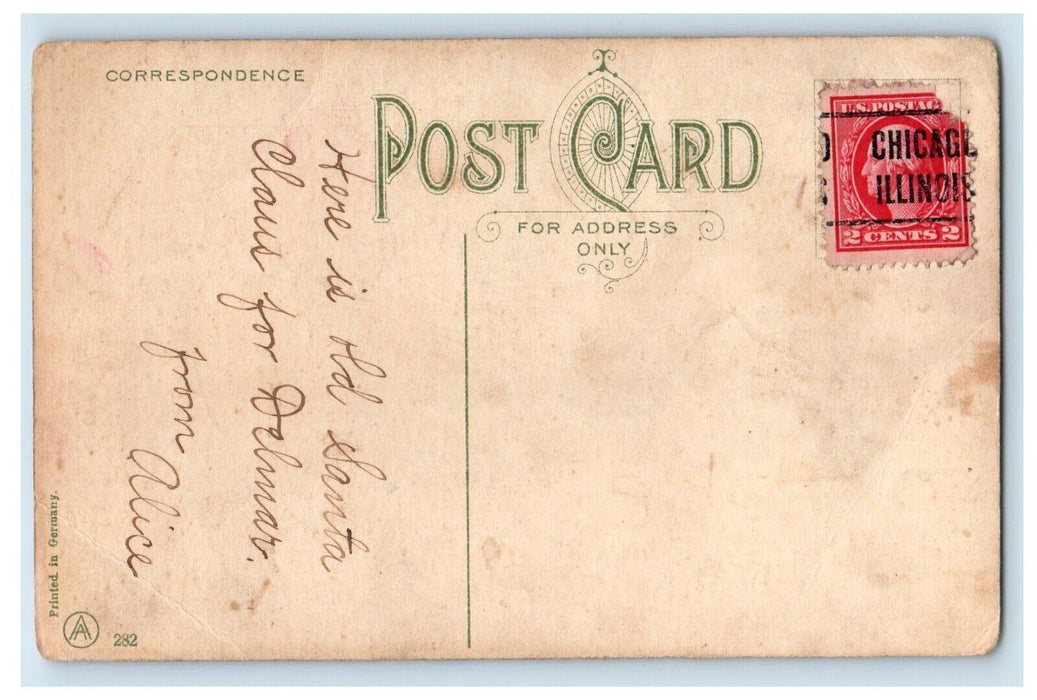 c1910 Christmas Old World Santa Gel Gold Gilt Bells Staff White Postcard