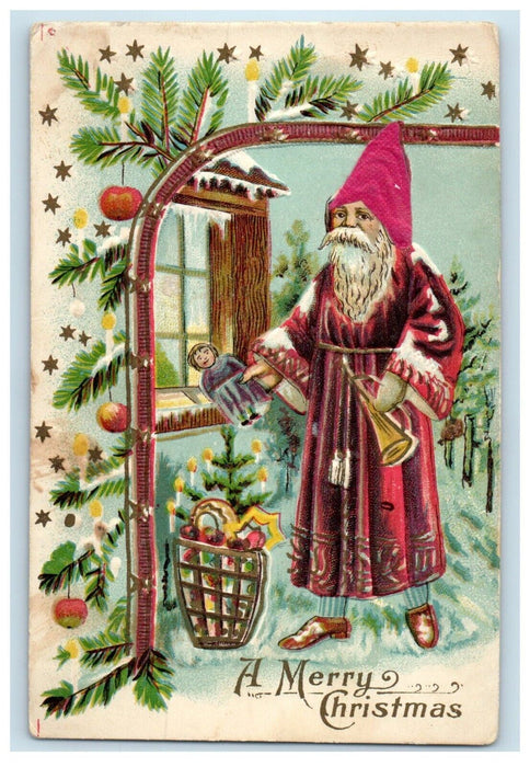c1910 Christmas Silk Old World Santa Brown Robe Embossed Germany Postcard