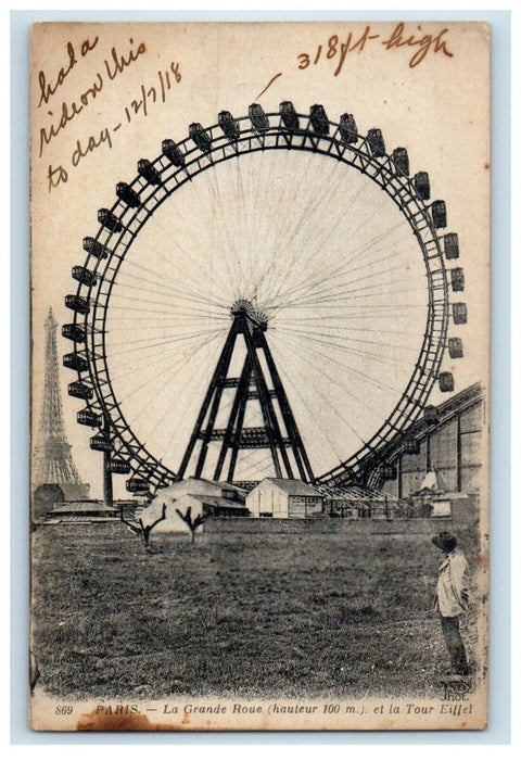 1918 Ferris Wheel Paris France LaGrande Roue "I Rode This" Comment Postcard