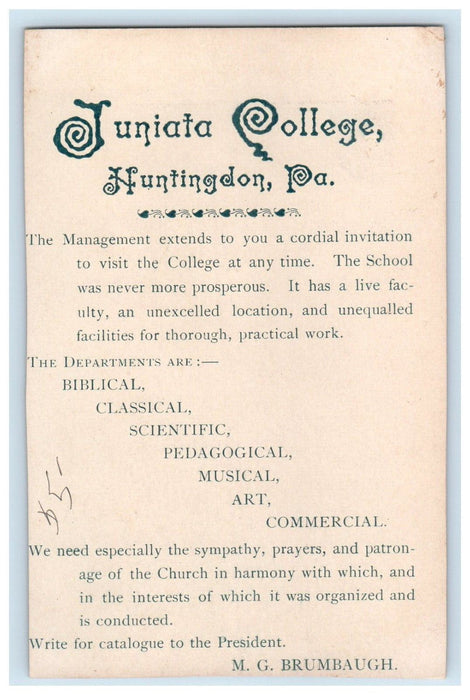 1894 Juniata College Advertising Christian School Huntingdon PA Trade Postcard