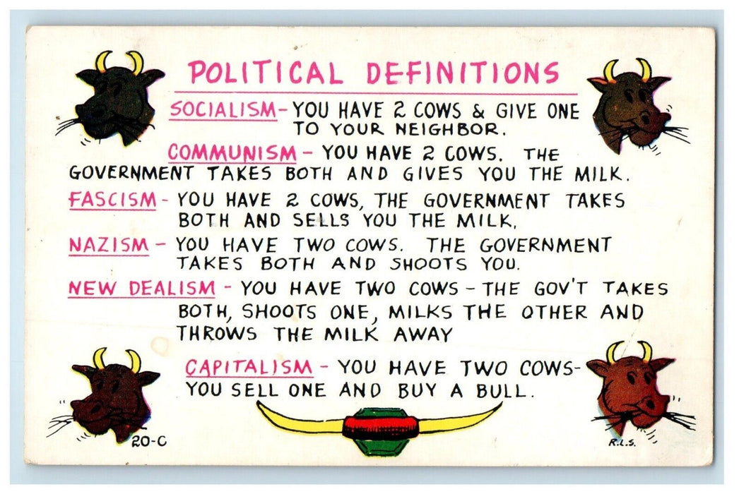 c1940's Political Definitions Cow Humor Socialism Communism Capitalism Postcard