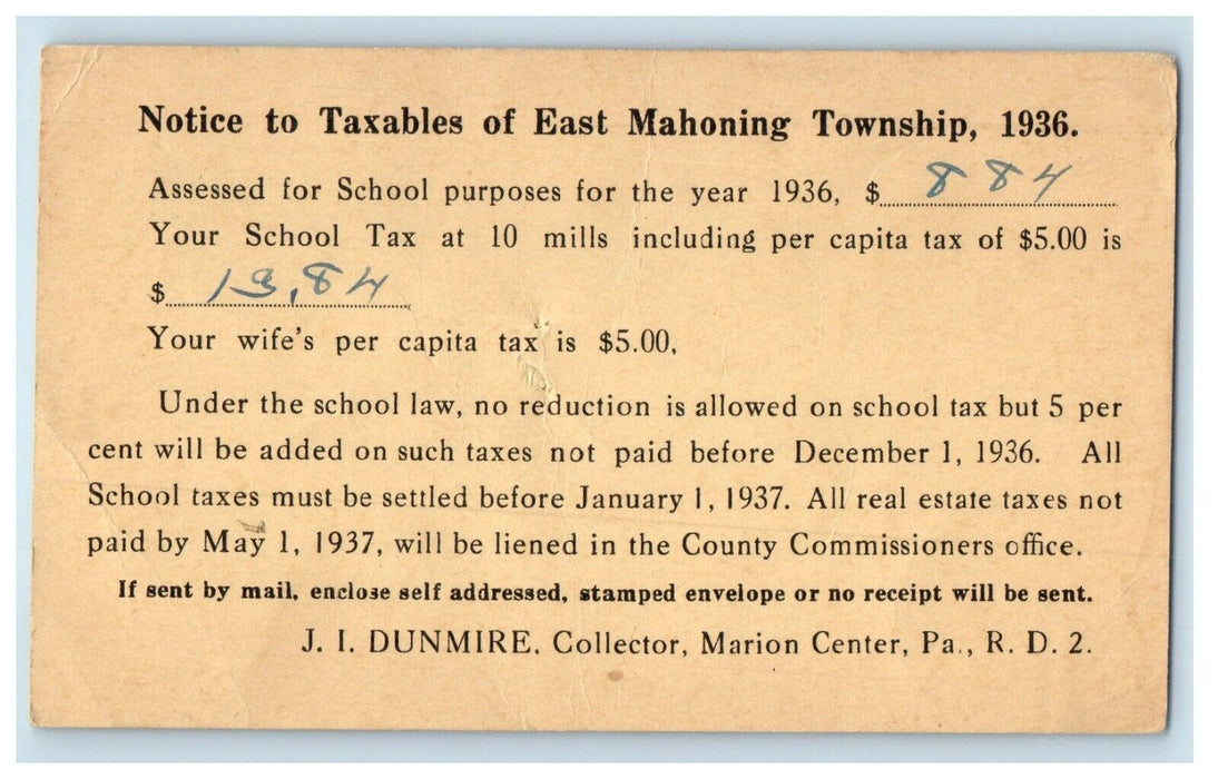 1936 Political Tax Marion Center PA School Assessment Bill Mahoning Postcard