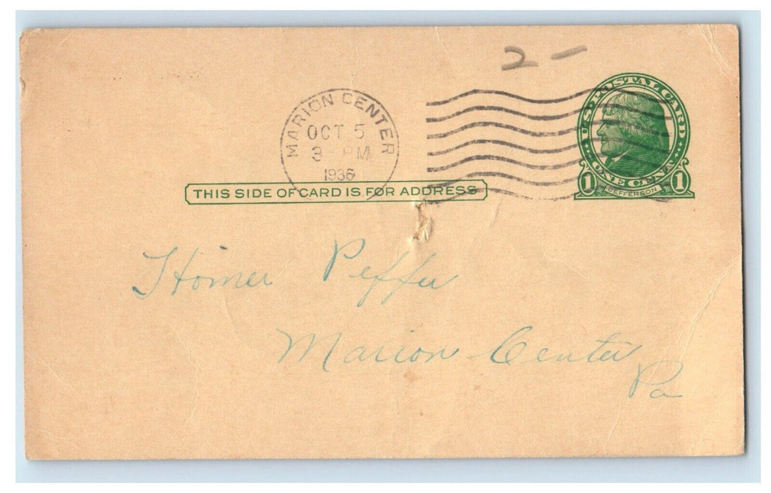 1936 Political Tax Marion Center PA School Assessment Bill Mahoning Postcard