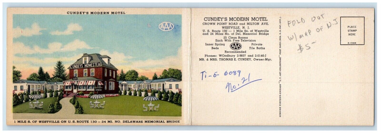 c1940's Fold Out Panorama Cundey's Motel Westville NJ Advertising Postcard