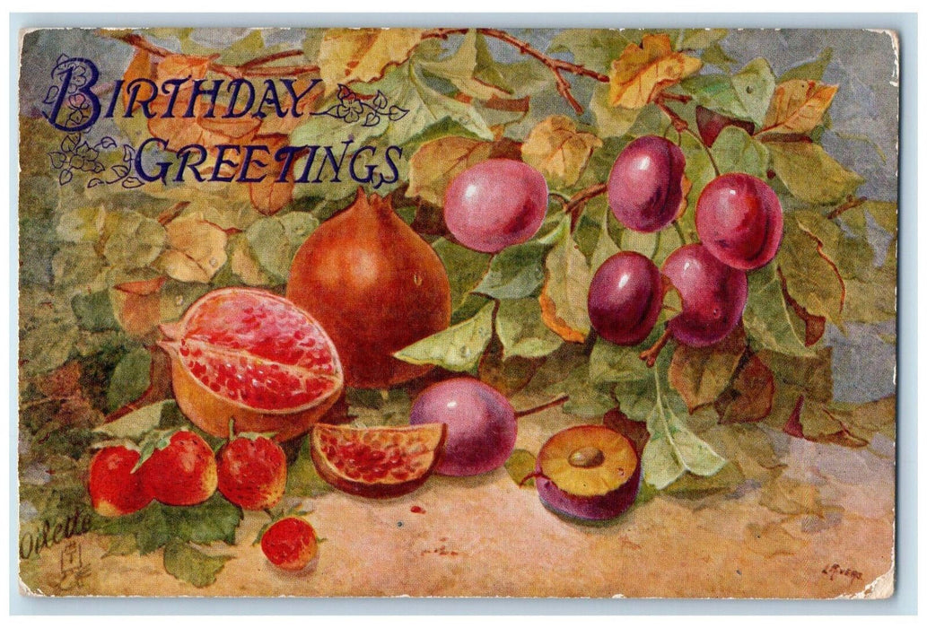 1926 Choice Fruit Birthday Greetings London England Oilette Tuck Art Postcard