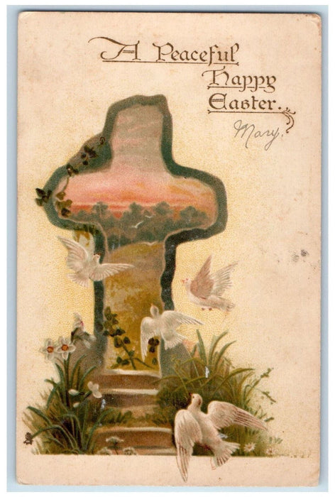 c1905 A Peaceful Happy Easter Cross Bird Unposted Easter Tuck Art Postcard