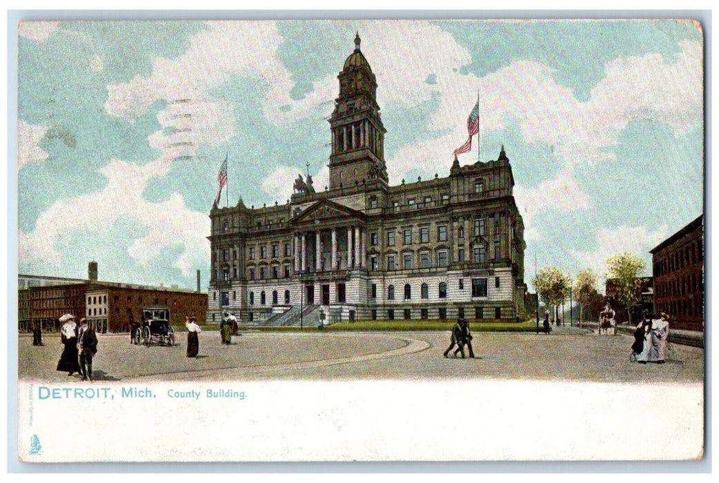 1908 County Building Detroit Michigan MI Horse Carriage Tuck Art Postcard