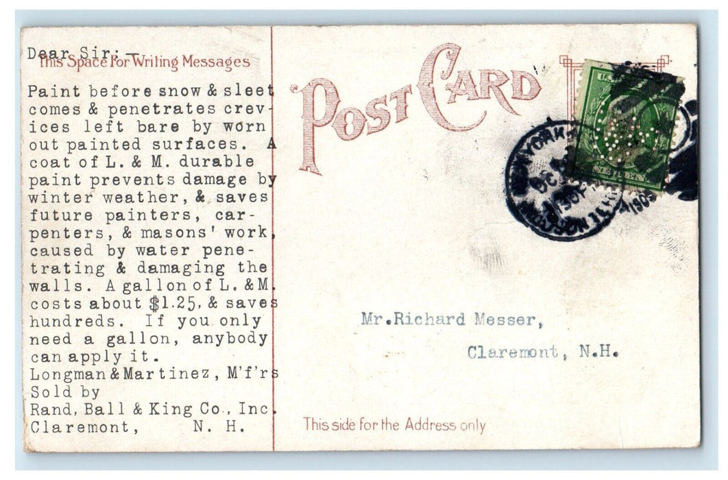 1907 Rand Ball King Co. Paint Store Advertising Claremont NH Fulton Postcard