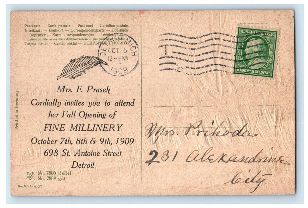 1909 Mrs. Prasek's Millinery Store Opening Advertising Detroit MI Art Postcard
