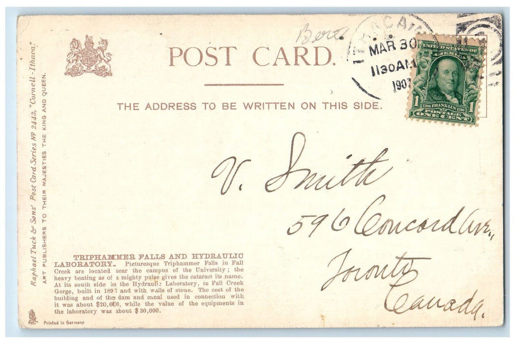 1907 Triphammer Falls Cornell University Hydraulic Laboratory Tuck Art Postcard