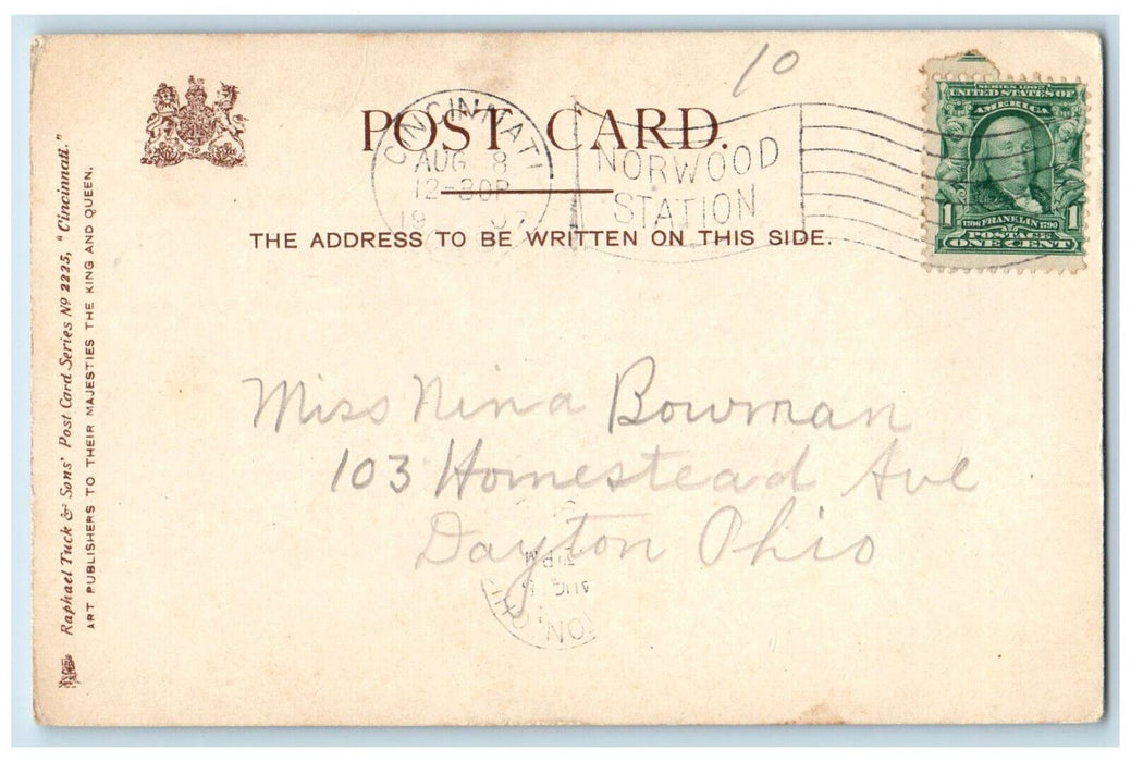 1907 Chamber of Commerce of Business Men's Club Cincinnati OH Tuck Art Postcard