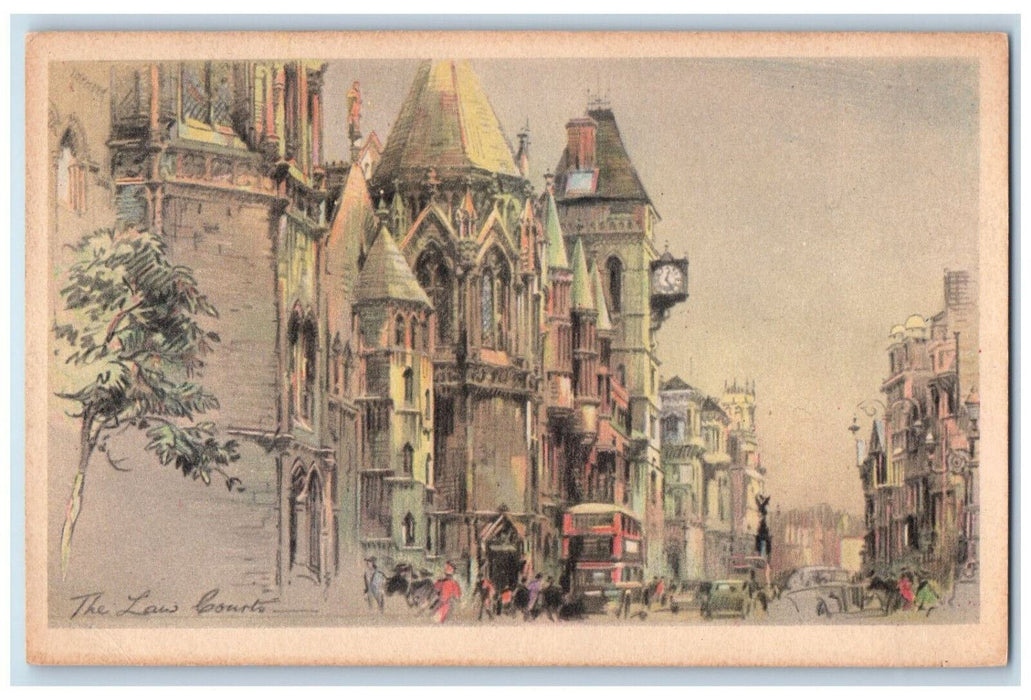 c1910 The Law Courts Double Deck Bus Clock Color Crayon Series Tuck Art Postcard