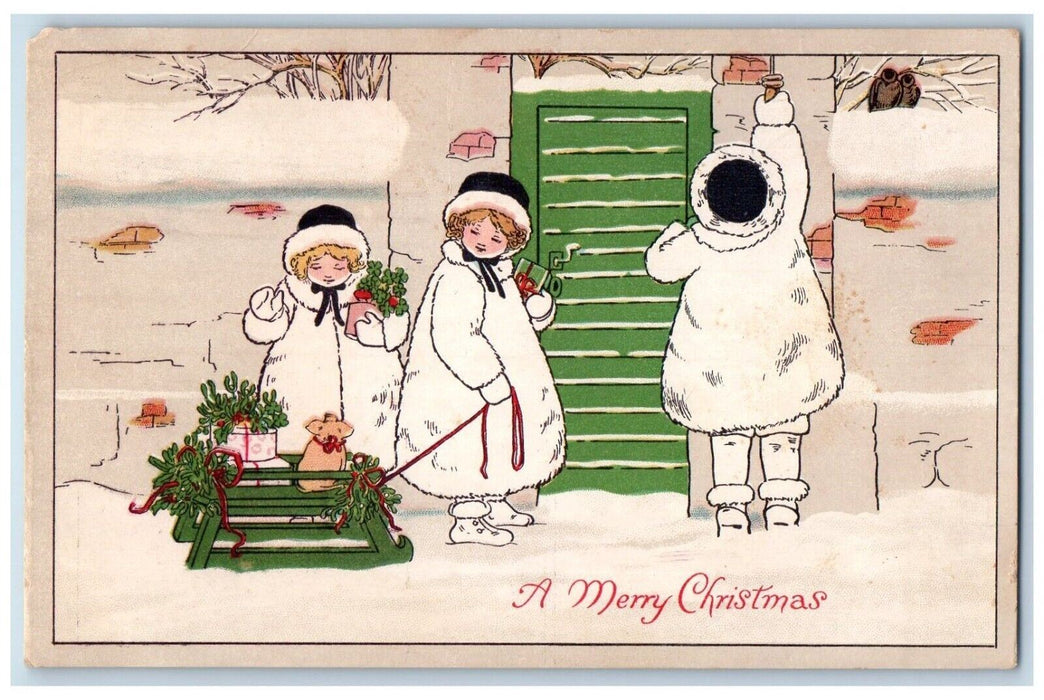 1912 Christmas Three Girls Holly Dog Gift Present Owl Winter Antique Postcard