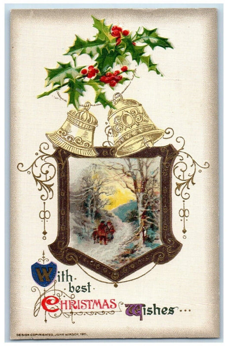 1911 Christmas Holly Bells Winter People Walking John Winsch Embossed Postcard