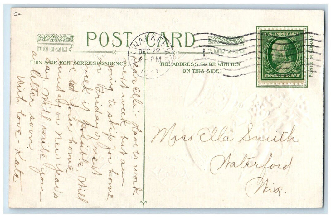 1911 Christmas Holly Bells Winter People Walking John Winsch Embossed Postcard