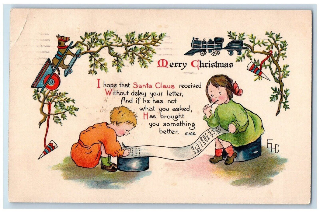 1910 Christmas Girls Writing List Train Horse Cart Toys Posted Antique Postcard
