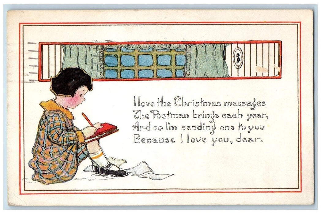 1919 Christmas Girl Writing Letter Messages Embossed Posted Antique Postcard