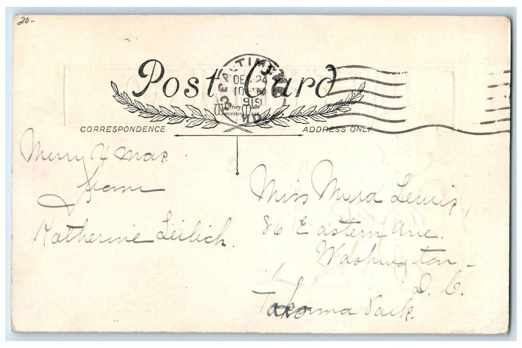 1919 Christmas Girl Writing Letter Messages Embossed Posted Antique Postcard