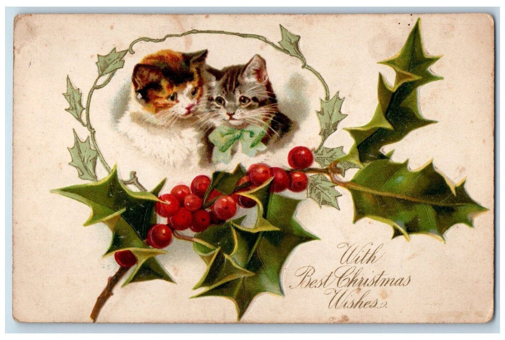 1907 Christmas Cat Kittens Holly Berries Embossed Posted Antique Postcard