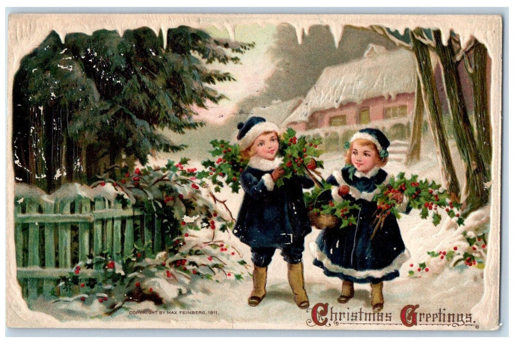 1914 Christmas Greetings Boy Girl Holly Berries Embossed Max Feinberg Postcard