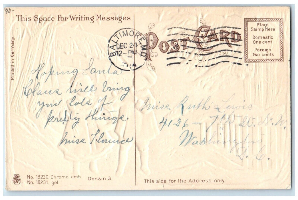 1914 Christmas Greetings Boy Girl Holly Berries Embossed Max Feinberg Postcard