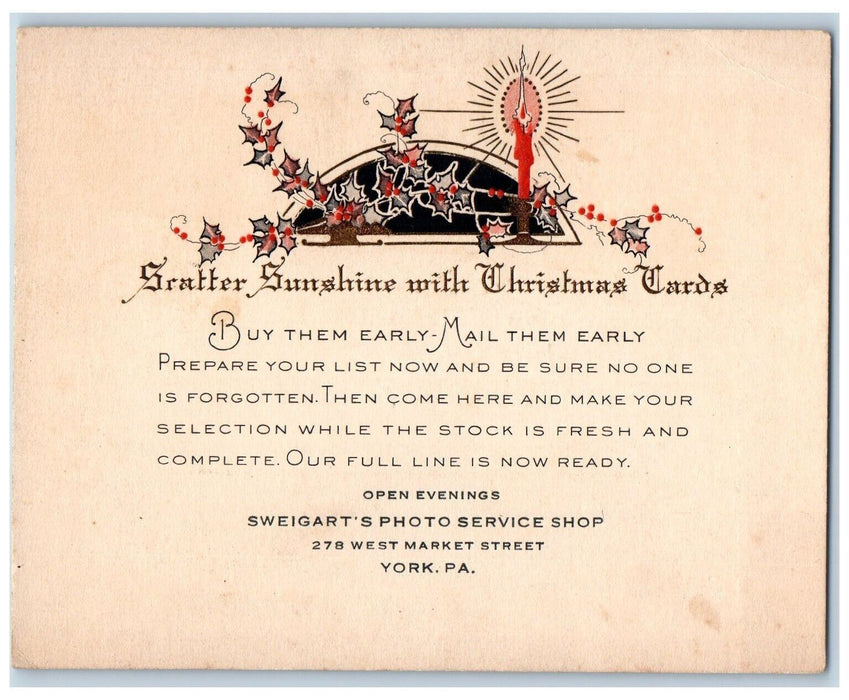 Christmas Holly Candle Sweigart's Photo Service Shop Advertising Postcard